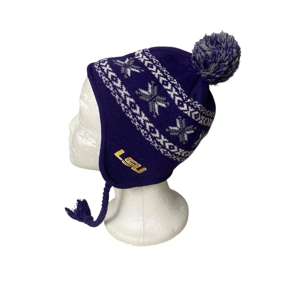 Captivating Headwear Kids Beanie with Earflaps Pom Pom OS LSU Purple Gold Sporty